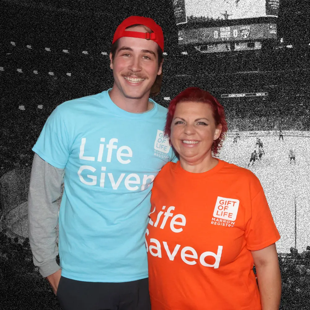 Erik and Carolyn, donor and recipient, at a hockey arena